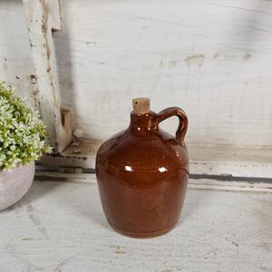 Small Vintage Brown Stoneware Jug w/ Cork | Syrup Crock | Mini Moonshine Jar